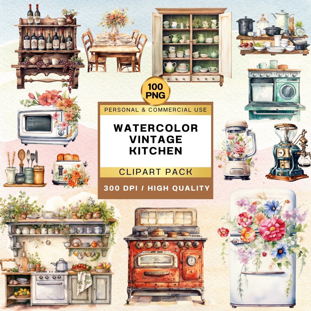 Buy 100 Vintage Kitchen Clipart Kitchen PNG Cozy Kitchenware Clipart ...
