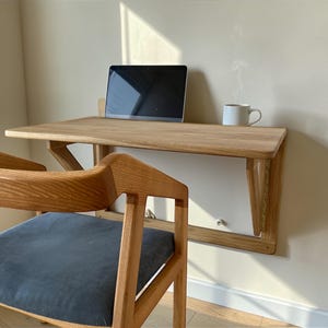 Solid Oak Folding Wall Desk with Wooden Brackets | Space Saving Murphy Table, Floating Wall Mounted Desk for Small Spaces, Handmade