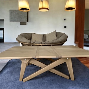 4-in-1 Oak Transformer Table: Adjustable Height Coffee to Dining Table