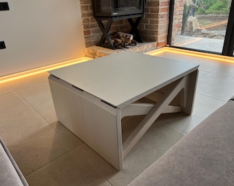 White Ash Wood Lift Top Coffee Table, Convertible Dining Table, Transformer Table 2 in 1, Small Space Furniture, Adjustable Height,Free Ship