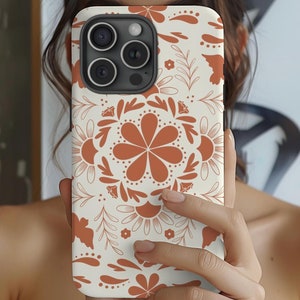 Brown Terracotta Phone Case, Talavera Inspired, Durable Floral Protective Cover, Samsung, iPhone, Google Pixel, Tough Mexican Flower Pattern