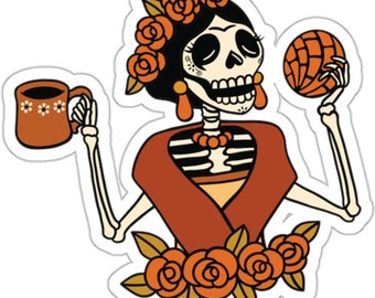Senora Era-Sugar Skull Halloween Kiss-Cut Stickers: Concha & Coffee Inspired, Laptop Sticker, Scrapbooking Supplies