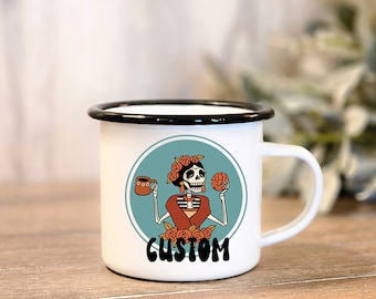 Sugar Skull Enamel Camp Cup, Day of the Dead Coffee Mug, Dia de los Muertos Gift, Halloween Kitchen Decor, Custom Coffee Mug, Personalized