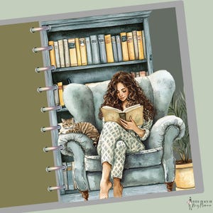 May include: Watercolor illustration of a person reading a book in a cozy armchair, with a cat resting on the armrest. A bookshelf filled with books is behind the person. The person is wearing pajamas. The color palette includes blues, greens, and browns.