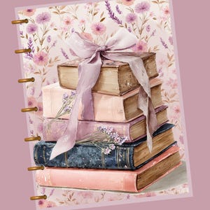 May include: A stack of vintage-style books in shades of pink, brown, and blue, tied with a light purple ribbon. The books are decorated with lavender sprigs and set against a floral patterned background.