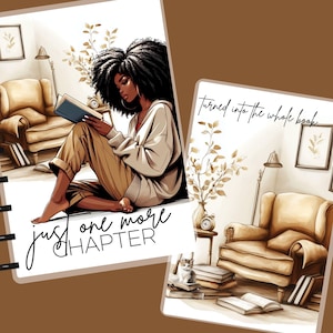 May include: Two notebooks with illustrations of a person reading in a cozy room. One notebook has the text "just one more chapter" and the other says "turned into the whole book". The illustrations are in shades of brown and beige.