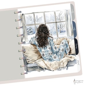 May include: A watercolor illustration of a person sitting on a couch by a window, looking out at a snowy winter scene. The person is wearing blue and white pajamas with a snowflake pattern.