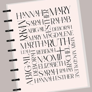 May include: A spiral-bound notebook page with a light pink background. The page features a list of names in black, including Hannah, Mary, Sarah, and others. The names are arranged in a stylish, artistic layout.