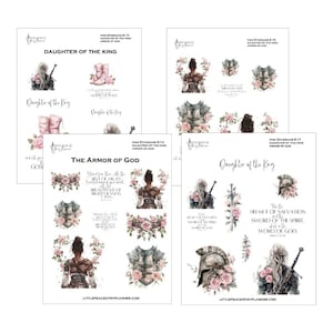 May include: A set of printable stickers featuring a warrior woman in armor with pink roses and inspirational quotes about being a daughter of the king and the armor of God. The text includes verses from Ephesians 6:14 and 6:17.