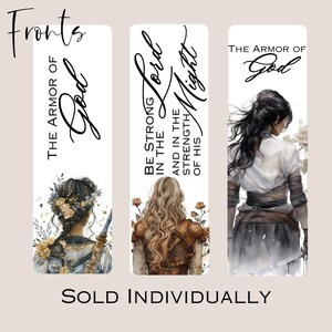 May include: Three bookmarks with watercolor illustrations of women with long hair and floral accents. The text on the bookmarks reads "The Armor of God", "Be Strong in the Lord and in the Strength of His Might", and "The Armor of God".