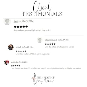 May include: Client testimonials for a digital planner business. The testimonials are positive and highlight the quality of the product and customer service. The business name is "Little Peace of My Planner".