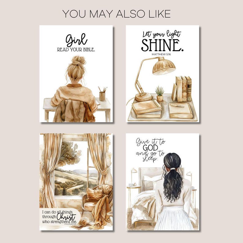 Pu&ograve; includere: Quattro illustrazioni ad acquerello con citazioni ispiratrici. La prima immagine mostra una donna seduta a una scrivania che legge un libro con il testo "Girl Read Your Bible". La seconda immagine mostra una lampada, dei libri e una pianta con il testo "Let your light shine. Matthew 5:16". La terza immagine mostra una finestra con vista su un campo e una sedia con il testo "I can do all things through Christ who strengthens me.". La quarta immagine mostra una donna in piedi in una camera da letto con il testo "Give it to God and go to sleep."