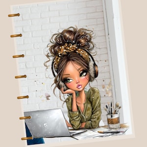 May include: Illustration of a woman with brown hair wearing headphones, a green shirt, and a leopard print headband, working on a laptop. A glass with makeup brushes sits on the desk. The background features a white brick wall.