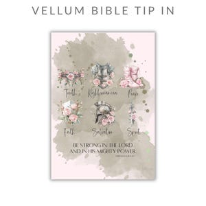 May include: A vellum Bible tip-in featuring watercolor illustrations of armor and pink roses. Labels include Truth, Righteousness, Peace, Faith, Salvation, and Spirit. Text reads: BE STRONG IN THE LORD AND IN HIS MIGHTY POWER. EPHESIANS 6:10 (NIV).