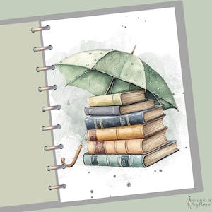 May include: Watercolor illustration of a stack of books sheltered by a green umbrella. The books have various colors and textures, with the umbrella featuring raindrop details. The image has a soft, artistic style, evoking a cozy, rainy day theme.