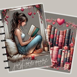May include: An illustration of a woman reading a book by a window, with a stack of books on the right. The image has a romantic theme, with hearts and roses. The text "just happy more" is at the bottom.