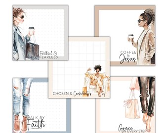 May include: A memo pad with five designs, each featuring a fashion illustration and inspirational text. The pad includes designs with the phrases "Faithful & Fearless", "Coffee & Jesus", "Walk by Faith", "Chosen & Confident", and "Grace in Every Step".