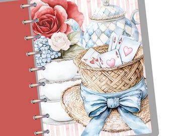 May include: A watercolor illustration of a teacup and teapot with a red rose, blue hydrangeas, and a straw hat with a blue ribbon and playing cards. The background is a pink and white striped pattern.