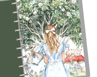 May include: Alice in Wonderland themed planner cover featuring a watercolor illustration of Alice standing in a forest with a pocket watch, a mushroom with a cat on top, and the words "Drink Me" on a bottle.