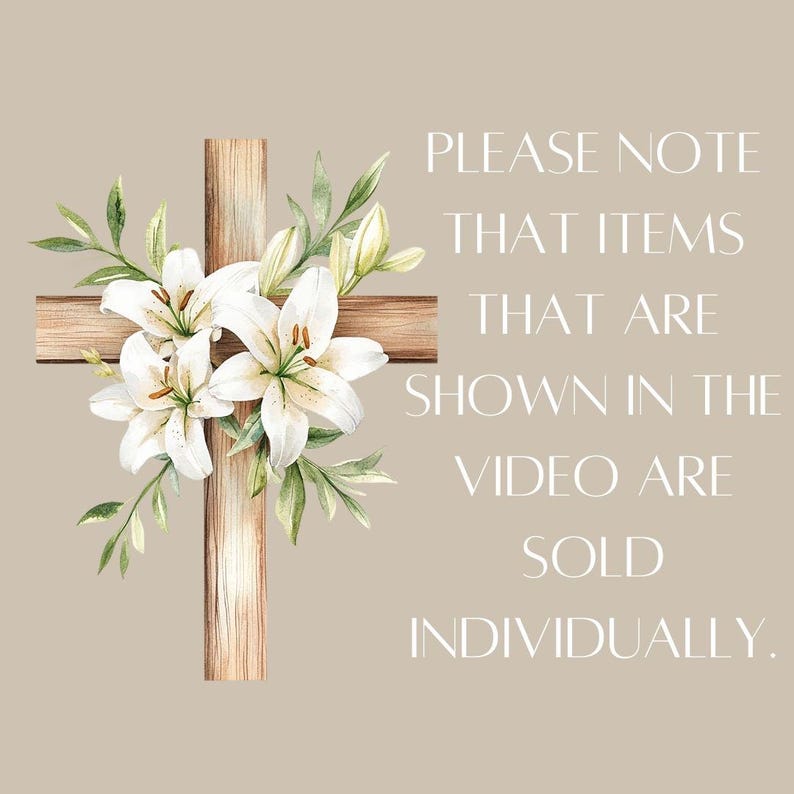 May include: A wooden cross adorned with white lilies and green leaves. The text "PLEASE NOTE THAT ITEMS THAT ARE SHOWN IN THE VIDEO ARE SOLD INDIVIDUALLY." is displayed on the right side of the image.