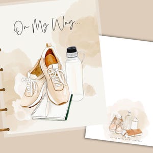 May include: Watercolor illustration of a planner cover with the text "On My Way...". The image features beige sneakers, a water bottle, and a notebook with a pen. The overall theme suggests a fitness or wellness planner.