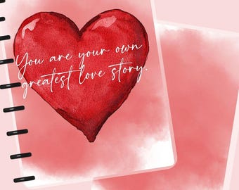 Portada para agenda "La Gran Historia de Amor", encuadernada en disco, cubierta laminada, portada para agenda de San Valentín con cita motivacional y cita de amor propio.