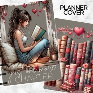 Portada de planificador feliz "Just One More Chapter" en formato clásico y grande con cita de libro, portada laminada para planificadores.