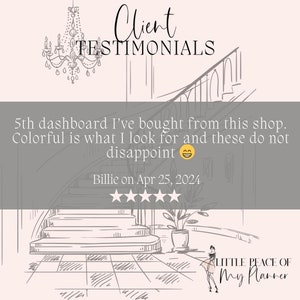 May include: A customer testimonial for a shop selling colorful dashboards. The testimonial reads "5th dashboard I've bought from this shop. Colorful is what I look for and these do not disappoint." The testimonial is from Billie on April 25, 2024 and includes a five-star rating.