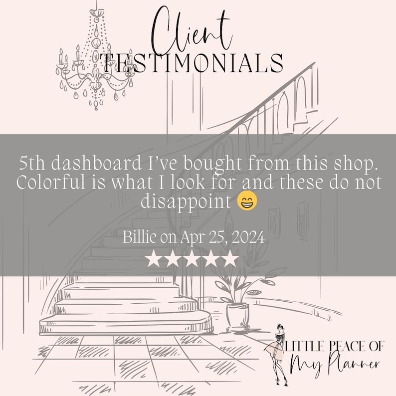 May include: A customer testimonial for a shop selling colorful dashboards. The testimonial reads "5th dashboard I've bought from this shop. Colorful is what I look for and these do not disappoint." The testimonial is from Billie on April 25, 2024 and includes a five-star rating.