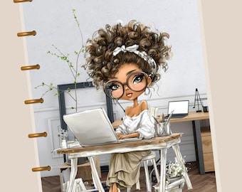May include: A digital illustration of a woman with curly brown hair wearing glasses and a white top, working on a laptop at a wooden desk. The image has a light, airy feel, with a neutral color palette and a focus on the woman and her workspace.