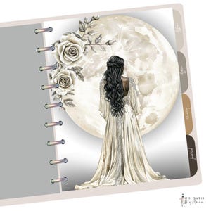 May include: A woman in a white gown stands in front of a large, watercolor moon with a floral design. The moon is painted in shades of beige and brown.