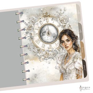 May include: A planner cover with a vintage clock face, white roses, and a woman in a white dress. The clock face has Roman numerals and a moon in the center. The planner cover has a gray background with a subtle sparkle effect. The words "Little Piece of My Plan" are printed at the bottom of the cover.
