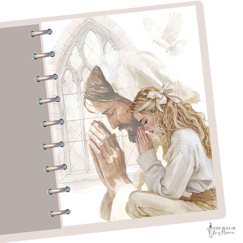 May include: A watercolour painting of a man and a woman praying with their hands clasped together. The man has long brown hair and a beard, and the woman has long blonde hair. They are both wearing white clothing. The painting is set against a background of a stained glass window.