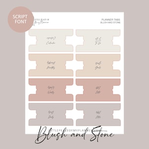 May include: A sheet of planner tabs in various shades of blush, beige, and gray. Each tab is labeled with a different planning category, such as "Calendar," "To Do," "Monthly," "Goals," "Weekly," "Lists," "Daily," and "Notes."