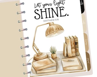 May include: A watercolor illustration of a desk with a lamp, books, and a potted plant. The text "Let your light shine. Matthew 5:16" is written above the desk.