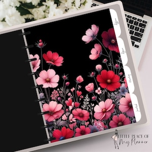 May include: Black planner cover with pink and red floral design. The cover has a clear plastic pocket on the right side with tabs labeled "Personal", "Monthly", "Weekly", and "April".