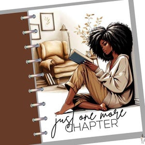 May include: A brown leather bound journal with a spiral binding. The cover features an illustration of a woman reading a book in a cozy living room. The text "just one more chapter" is written in black cursive script.