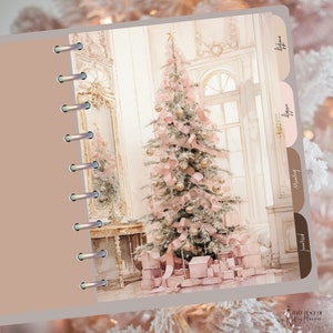 May include: A watercolor illustration of a Christmas tree decorated with pink ribbons and ornaments in a white and gold room. The tree is surrounded by wrapped gifts.