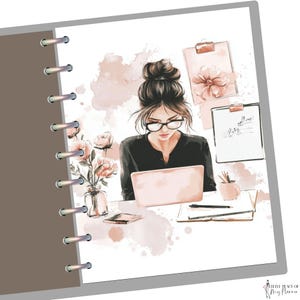 May include: Illustration of a woman with glasses working on a laptop at a desk. The desk has a vase of flowers, a phone, and a notepad. The background features a clipboard and watercolor accents.