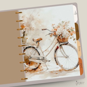 May include: A watercolor painting of a white bicycle with a basket full of flowers. The bicycle is in a forest setting with trees and leaves in the background. The colors are soft and muted, with shades of brown, beige, and white.