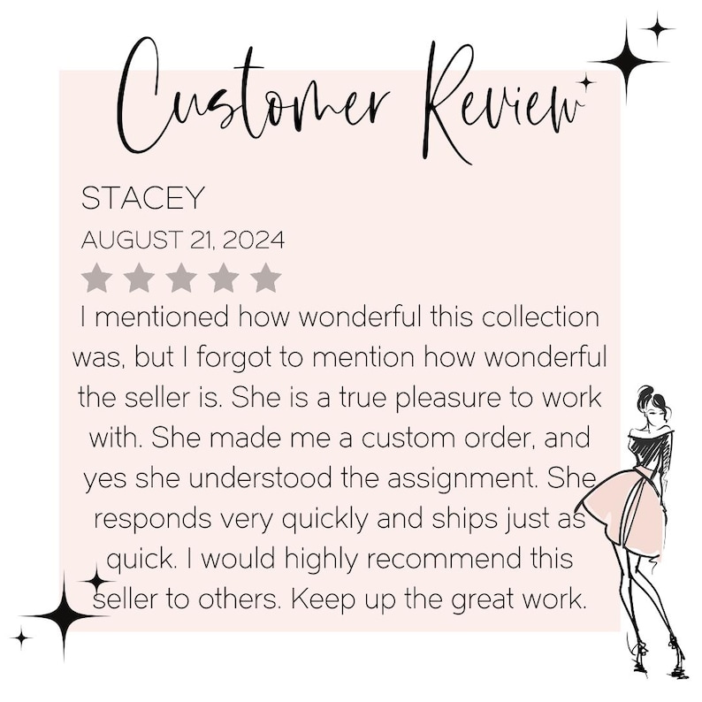 May include: Customer review with five stars for a seller. The review mentions the seller is a true pleasure to work with and that they made a custom order. The review also mentions that the seller responds quickly and ships orders quickly. The review concludes by recommending the seller to others.