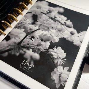 May include: Black and white floral print inside a black planner. The print features a close-up of white flowers. The planner has gold-colored metal rings and the text "LPM Signature Collection".