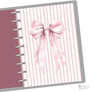 May include: A pink and white striped planner page with a large watercolor bow. The bow has long ribbons and is centered on the page. The planner has a burgundy cover and silver spiral binding.