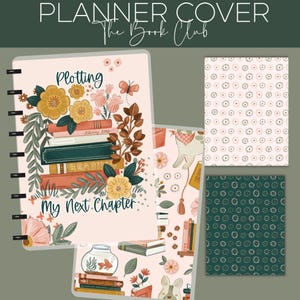 May include: A spiral-bound planner cover featuring a stack of books, flowers, and a goldfish bowl with the text "Plotting My Next Chapter". The design includes a light pink background with floral accents and two additional pattern swatches.