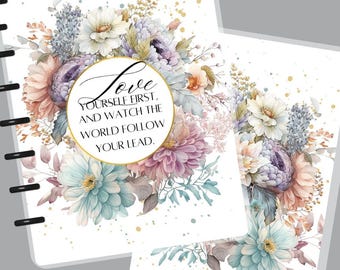 Love Yourself First Happy Planner Cover with Flowers Laminated Planner Cover with Motivational Quote Happy Planner Cover Disc Bound Planner