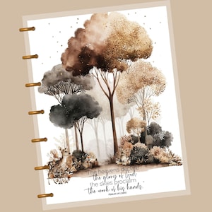 May include: Watercolor art print featuring a forest scene with trees in shades of brown, gray, and gold. The print includes the text "The heavens declare the glory of God: the skies proclaim the work of his hands." Psalm 19:1 (NIV).