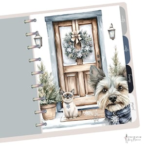 May include: A watercolor illustration of a winter scene with a door decorated with a wreath, a small cat, and a Yorkshire Terrier. The dog is wearing a blue and white scarf with a snowflake charm.