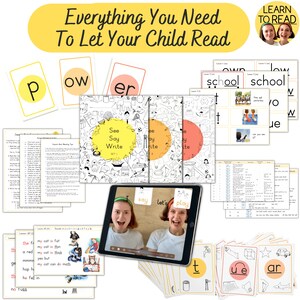 Peut inclure: Ensemble de matériel pédagogique pour enfants, comprenant des cartes de mots, des cahiers d'exercices et une tablette affichant une vidéo. Le texte "Everything You Need To Let Your Child Read" est visible. L'ensemble "See Say Write" est présenté.