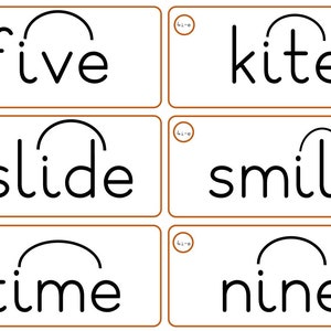 May include: Six flashcards with the words "five", "kite", "slide", "smile", "time", and "nine" printed in black, uppercase letters. Each card has a brown border and a small circular logo in the upper left corner.