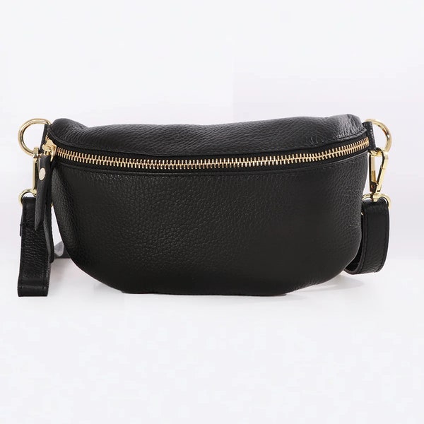 Black Large Italian Leather Half Moon Crossbody Bag